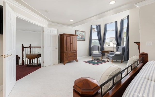 bedroom featuring baseboards, ornamental molding, carpet flooring, and recessed lighting