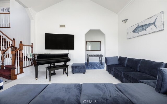 3105 E Beach Cir, Bradley, CA 93426 - carpeted living area with ornamental molding, visible vents, stairway, and lofted ceiling
