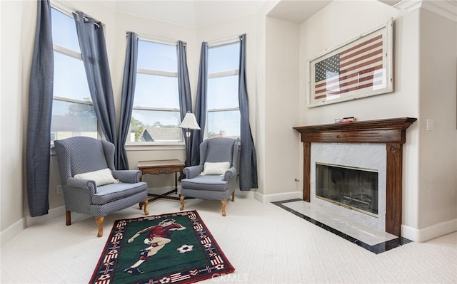 sitting room featuring carpet floors, a fireplace, and baseboards