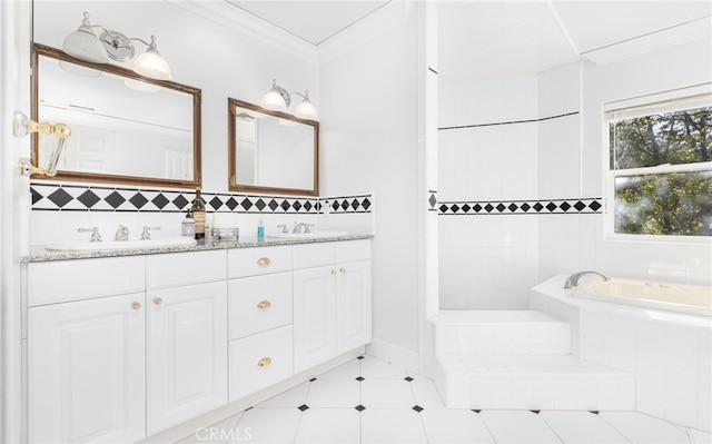 bathroom with double vanity, ornamental molding, backsplash, and a sink