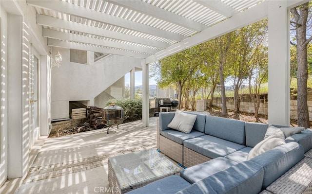 3105 E Beach Cir, Bradley, CA 93426 - view of patio / terrace featuring a pergola, an outdoor living space, and a fenced backyard