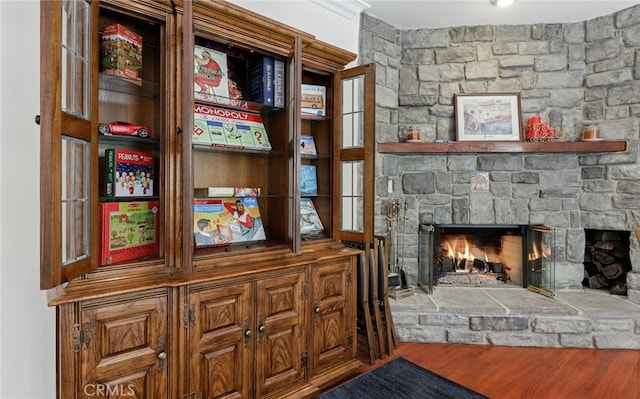 room details featuring a stone fireplace and wood finished floors