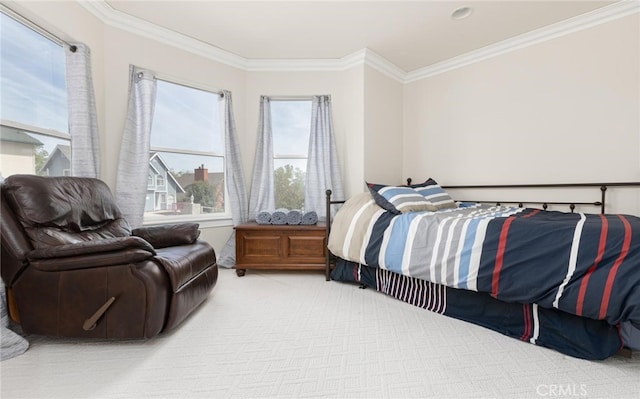 bedroom with ornamental molding and carpet flooring