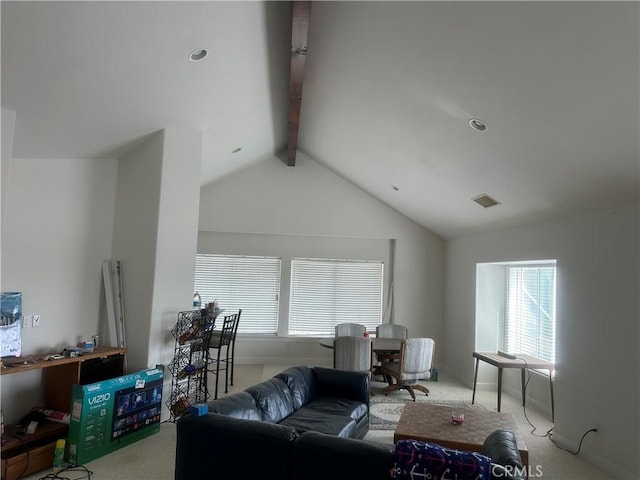 3105 E Beach Cir, Bradley, CA 93426 - carpeted living area featuring a wealth of natural light, visible vents, vaulted ceiling with beams, and baseboards