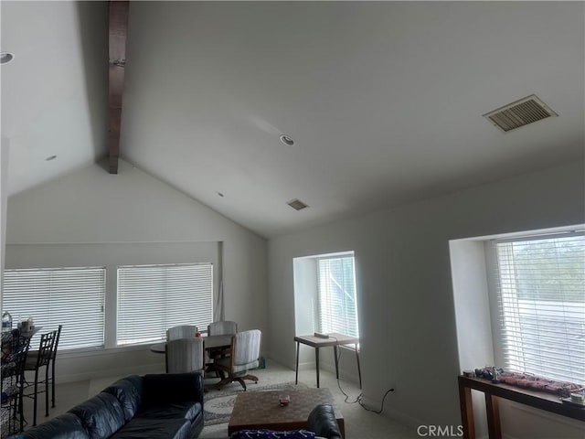 3105 E Beach Cir, Bradley, CA 93426 - carpeted living room featuring baseboards, visible vents, and vaulted ceiling with beams