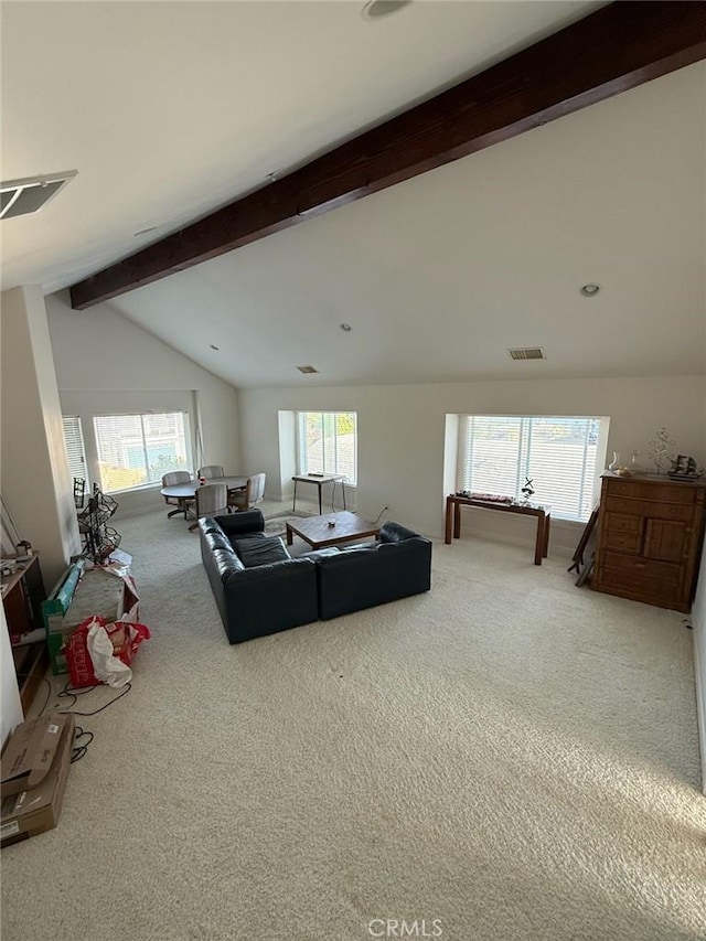 3105 E Beach Cir, Bradley, CA 93426 - carpeted living room with visible vents, plenty of natural light, and vaulted ceiling with beams
