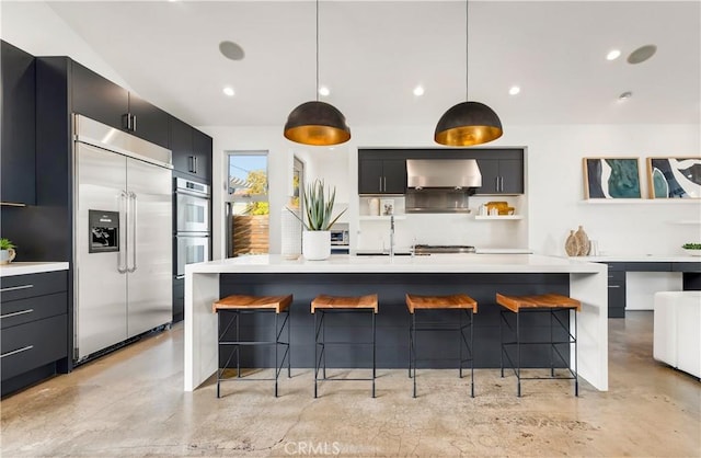 kitchen with stainless steel appliances, light countertops, open shelves, modern cabinets, and finished concrete floors