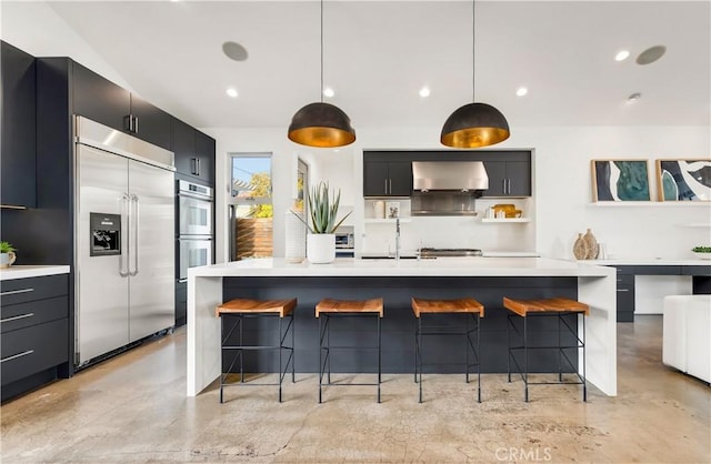 223 Robinhood Pl, Costa Mesa, CA 92627 - kitchen featuring stainless steel appliances, concrete floors, light countertops, wall chimney range hood, and modern cabinets