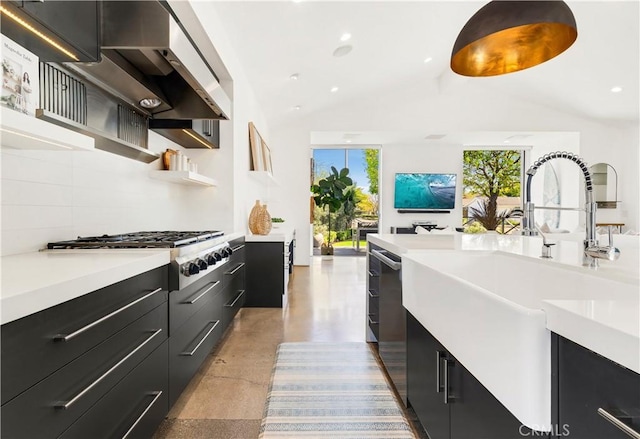 223 Robinhood Pl, Costa Mesa, CA 92627 - kitchen featuring wall chimney range hood, modern cabinets, light countertops, and dark cabinets