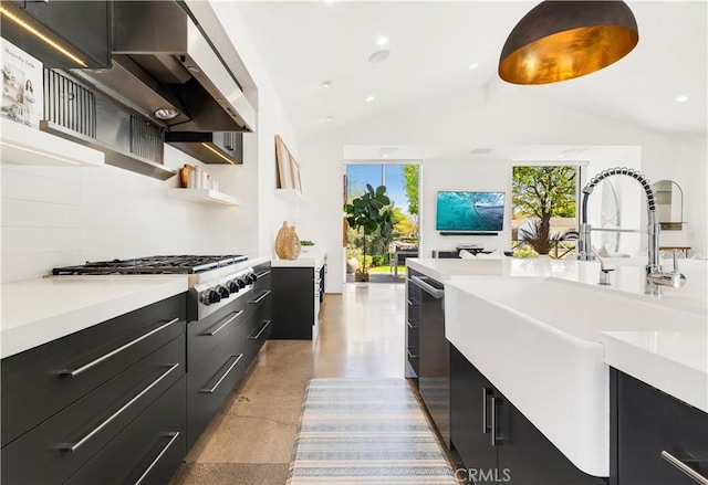 223 Robinhood Pl, Costa Mesa, CA 92627 - kitchen with dark cabinets, island range hood, light countertops, lofted ceiling, and recessed lighting