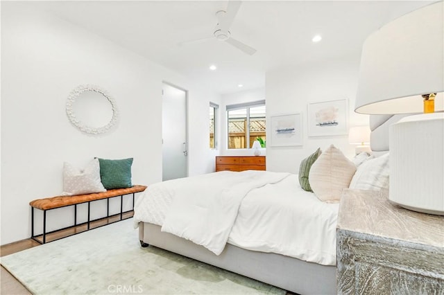 bedroom with a ceiling fan and recessed lighting