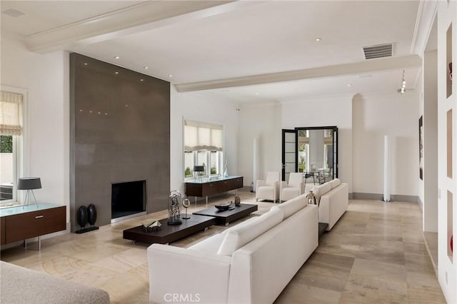 living area featuring beam ceiling, a fireplace, recessed lighting, visible vents, and baseboards