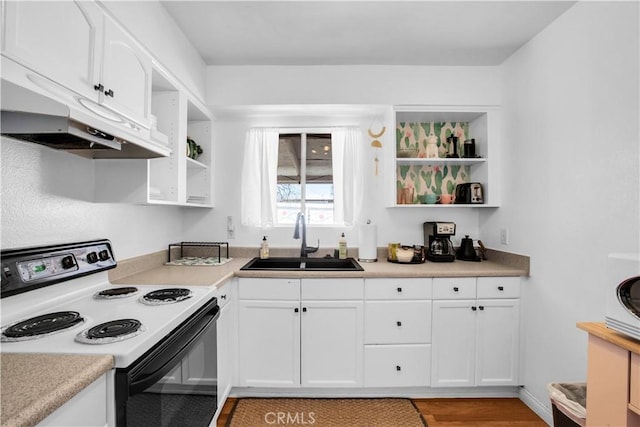 kitchen with open shelves, electric range oven, white cabinetry, a sink, and under cabinet range hood