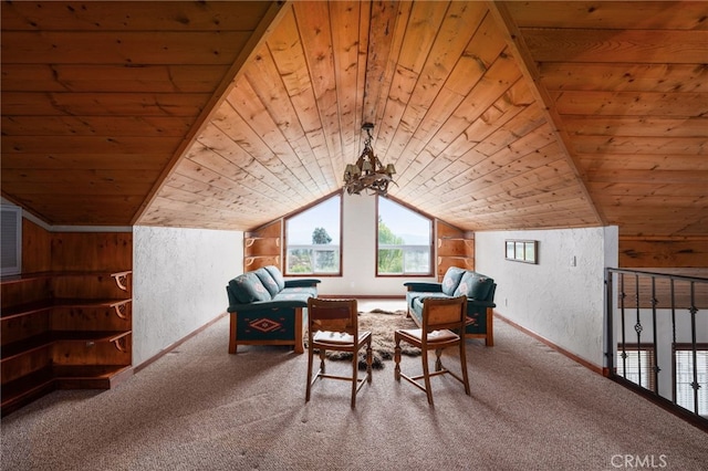 living area with lofted ceiling, a textured wall, a chandelier, carpet flooring, and wood ceiling