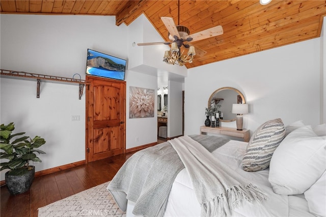 bedroom with high vaulted ceiling, wooden ceiling, hardwood / wood-style flooring, baseboards, and beam ceiling