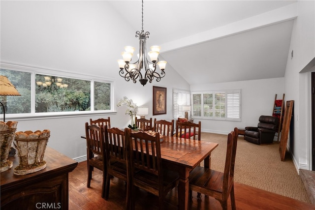 dining area featuring high vaulted ceiling, beam ceiling, baseboards, and wood finished floors