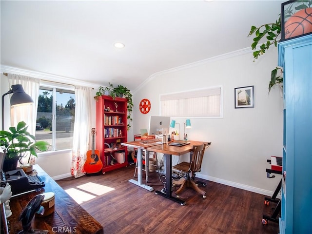 office featuring crown molding, baseboards, and wood finished floors