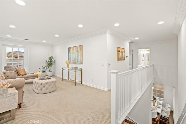 carpeted living room with crown molding, recessed lighting, and baseboards