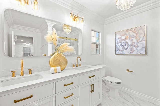 full bath with ornamental molding, marble finish floor, a sink, and toilet