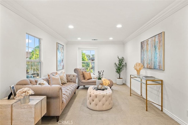 living area with recessed lighting, baseboards, ornamental molding, and light colored carpet