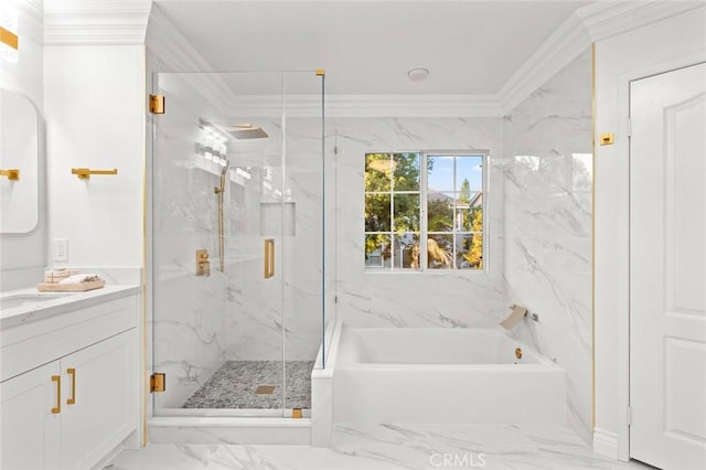 full bath with a marble finish shower, marble finish floor, a garden tub, crown molding, and vanity