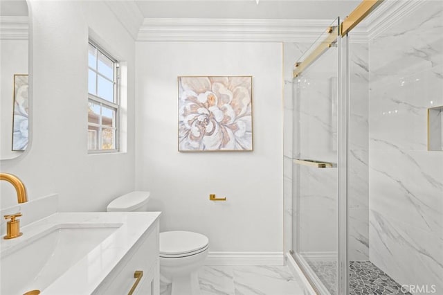 bathroom with toilet, marble finish floor, a marble finish shower, and ornamental molding