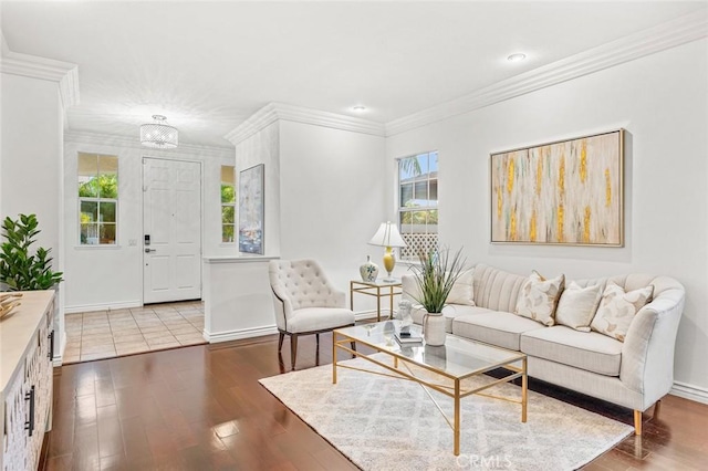 living room with ornamental molding, plenty of natural light, wood finished floors, and baseboards