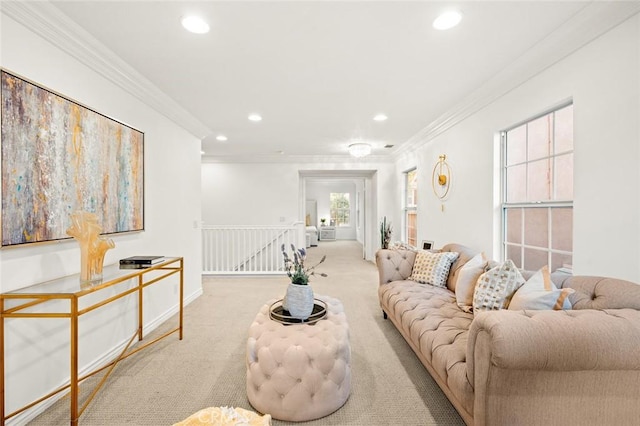 living area with carpet floors, recessed lighting, and crown molding