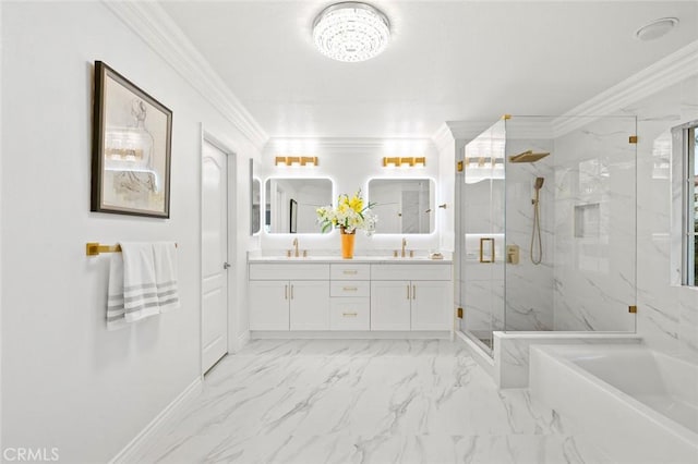 bathroom featuring a sink, marble finish floor, a marble finish shower, and crown molding