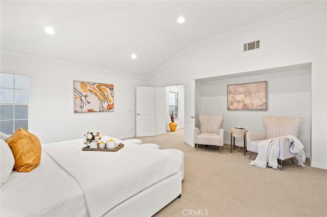 bedroom with vaulted ceiling, light carpet, visible vents, and crown molding