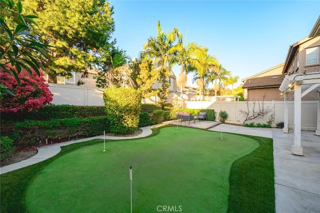 view of yard featuring a patio and a fenced backyard