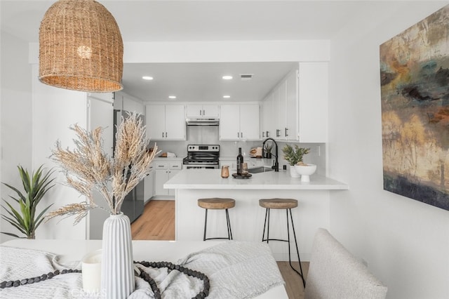 kitchen featuring under cabinet range hood, a peninsula, a sink, tasteful backsplash, and stainless steel range with electric stovetop