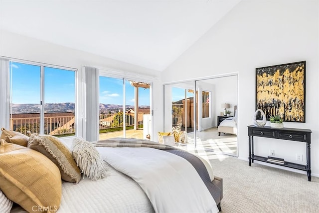 carpeted bedroom featuring a closet, high vaulted ceiling, and access to outside