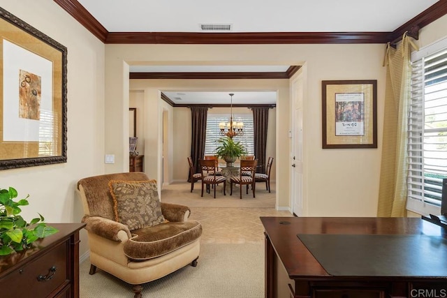 sitting room featuring visible vents, ornamental molding, and light colored carpet