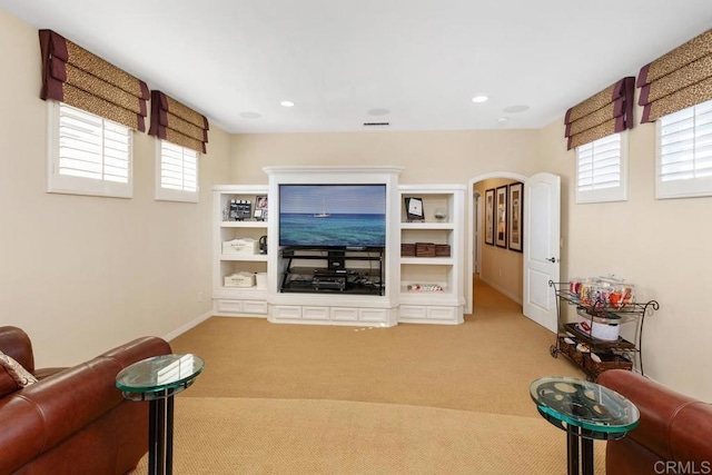 living room featuring a healthy amount of sunlight, carpet, arched walkways, and baseboards