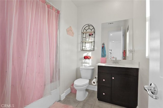 full bath featuring baseboards, toilet, a shower with curtain, tile patterned floors, and vanity