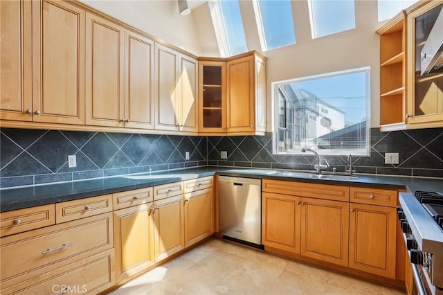 kitchen featuring backsplash, stainless steel dishwasher, a healthy amount of sunlight, and a sink