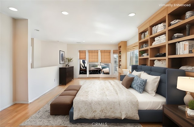 bedroom with baseboards, recessed lighting, and light wood-style flooring