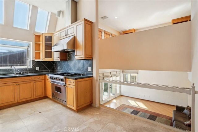 kitchen with stainless steel range, decorative backsplash, dark countertops, under cabinet range hood, and a sink