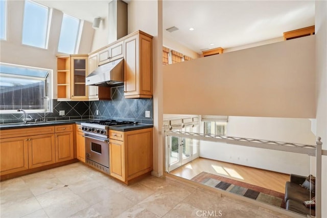 kitchen featuring stainless steel stove, dark countertops, a sink, decorative backsplash, and under cabinet range hood
