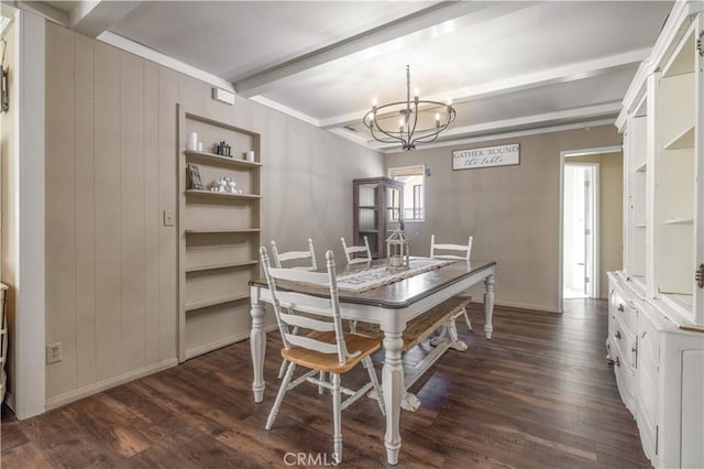 dining space with an inviting chandelier, baseboards, dark wood finished floors, and beamed ceiling