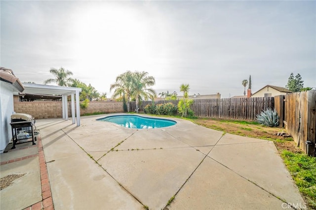 view of pool featuring a patio area, a fenced backyard, a fenced in pool, and grilling area