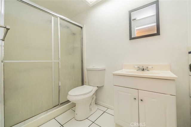 full bath with a stall shower, tile patterned flooring, vanity, and toilet