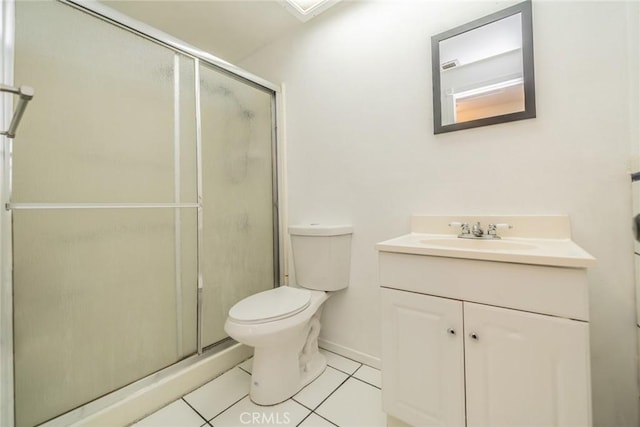 full bathroom featuring toilet, a shower stall, tile patterned flooring, and vanity