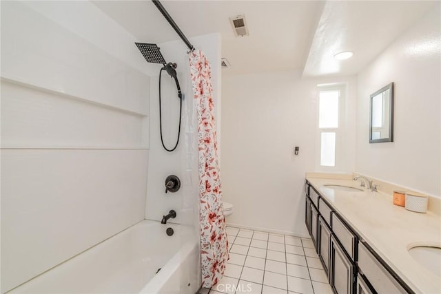 bathroom with shower / bath combination with curtain, visible vents, a sink, tile patterned floors, and double vanity