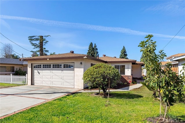 ranch-style house featuring stucco siding, concrete driveway, fence, a garage, and a front lawn