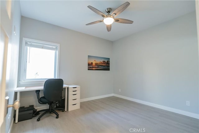 office featuring a ceiling fan, light wood finished floors, and baseboards