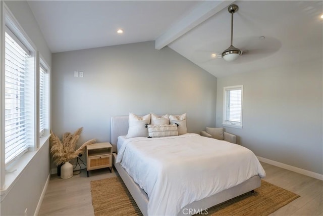 bedroom featuring vaulted ceiling with beams, recessed lighting, light wood-style floors, ceiling fan, and baseboards