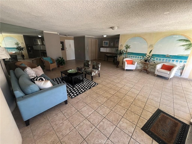 living room featuring light tile patterned flooring and a textured ceiling