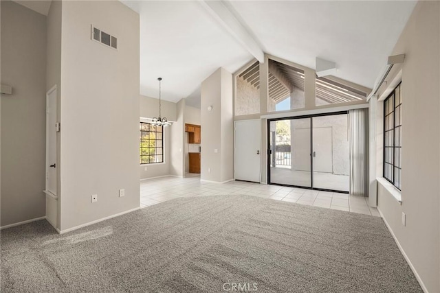 interior space with visible vents, an inviting chandelier, high vaulted ceiling, tile patterned flooring, and beamed ceiling